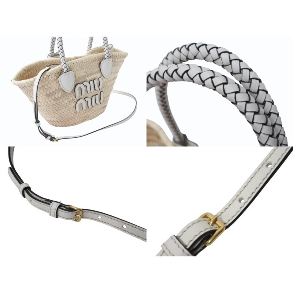 Miu Miu Miu basket bag raffia leather logo patch Beige Tan white - Picture 4 of 8